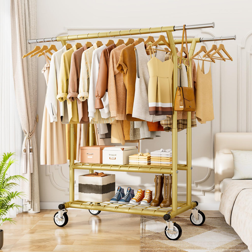 Heavy Duty Clothes Rack, Rolling Clothing Racks With Shelves Load 620 LBS, Double Rod Clothing Racks for Hanging