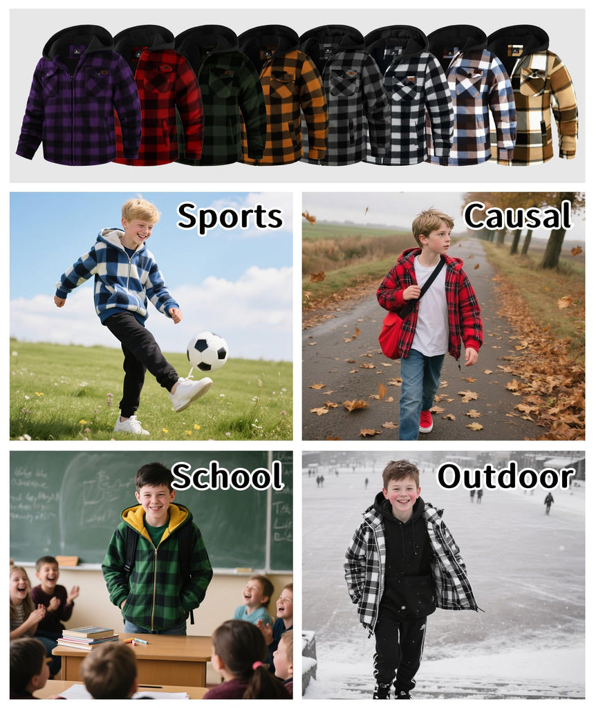 Boys Flannel Jacket Zip Up Fleece Hoodie Kids Plaid Sweatshirt