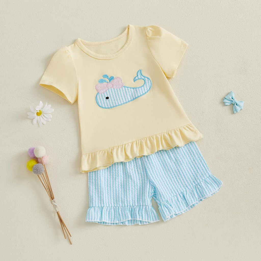 Baby Girl Clothes Bubble Sleeve Embroidery T-shirt Tops Ruffle Stripe Shorts 2Pcs Toddler Girl Summer Outfit