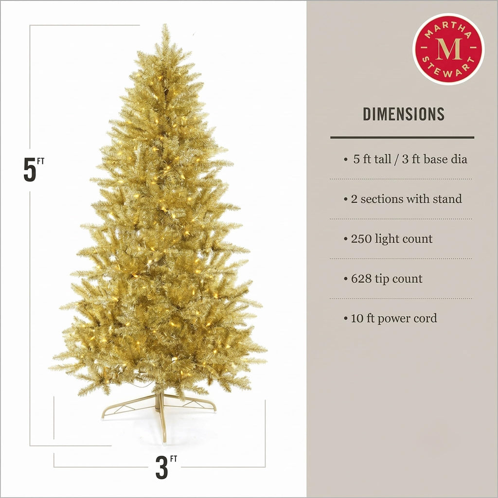 5 Ft Prelit Gold Tinsel Christmas Tree, White LED Lights