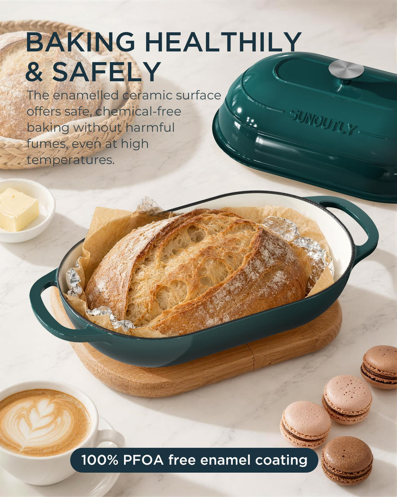 Enameled Cast Iron Dutch Oven for Bread Baking, 5QT Loaf Pan, Green