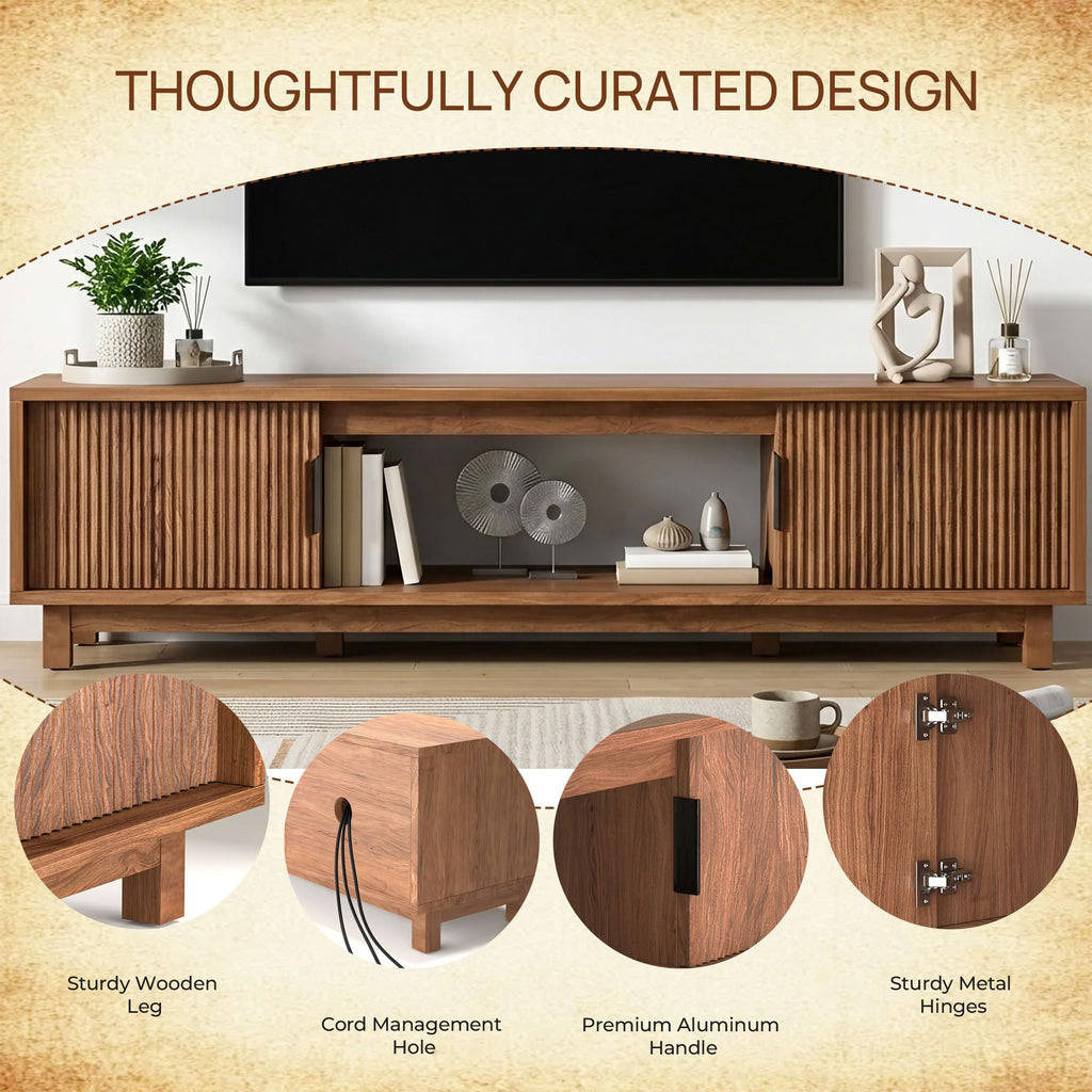 Fluted TV Stand, Mid Century Modern TV Stands, Walnut Entertainment Center for 55/60/65 Inch TV, Media Console with