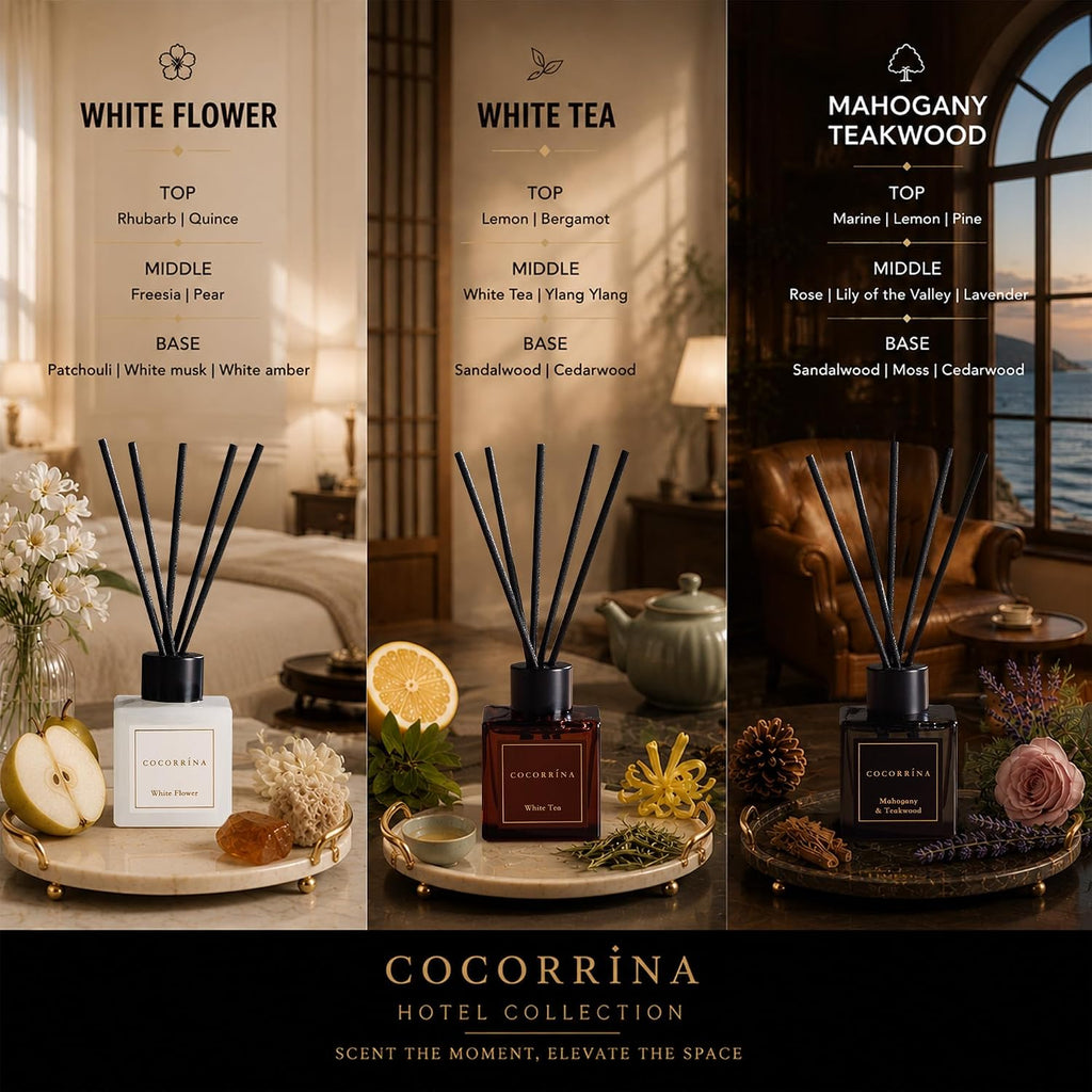 Hotel Collection Reed Diffuser Set, 1.7 fl oz Trio, Mahogany Teakwood, White Flower & White Tea, Home Fragrance