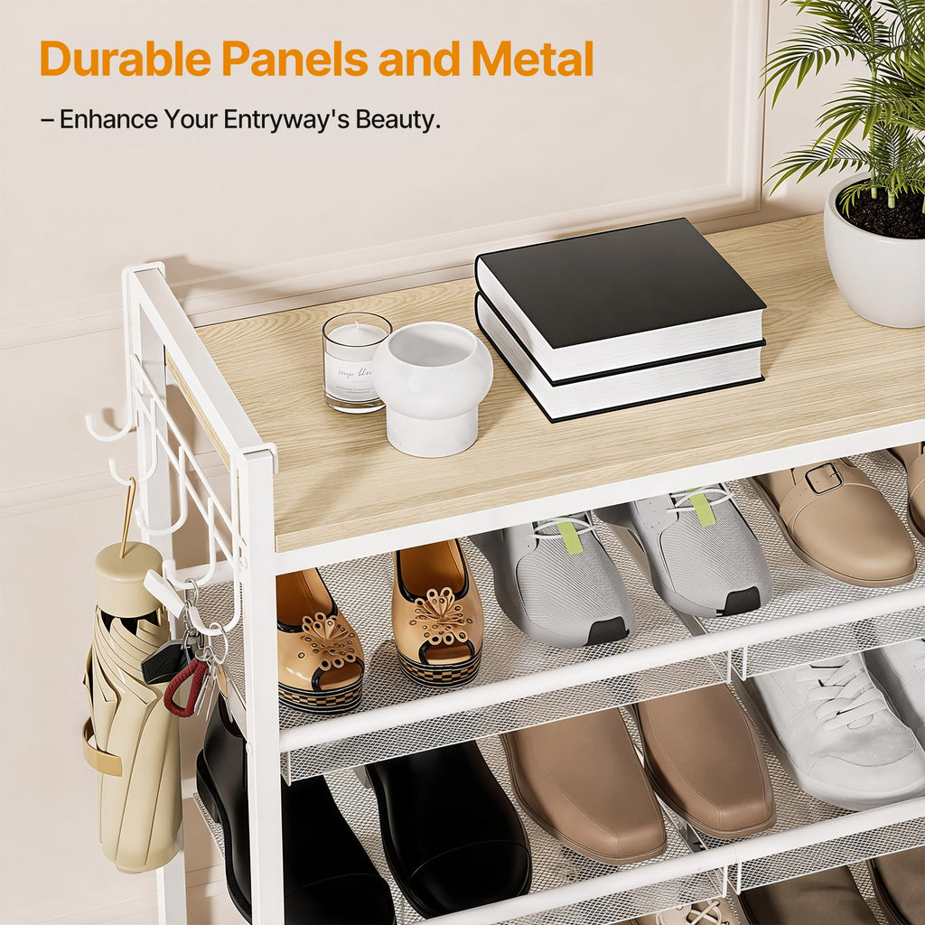 4 Tier Shoe Rack, Shoe Rack with Hook, Shoe Organizer with Adjustable Mesh Shelves, Metal Shoe Storage, Closet
