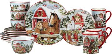 Homestead Christmas Piece Dinnerware Set - Holiday Tableware for 4 with Festive Horse & Barn Scenes - Winter