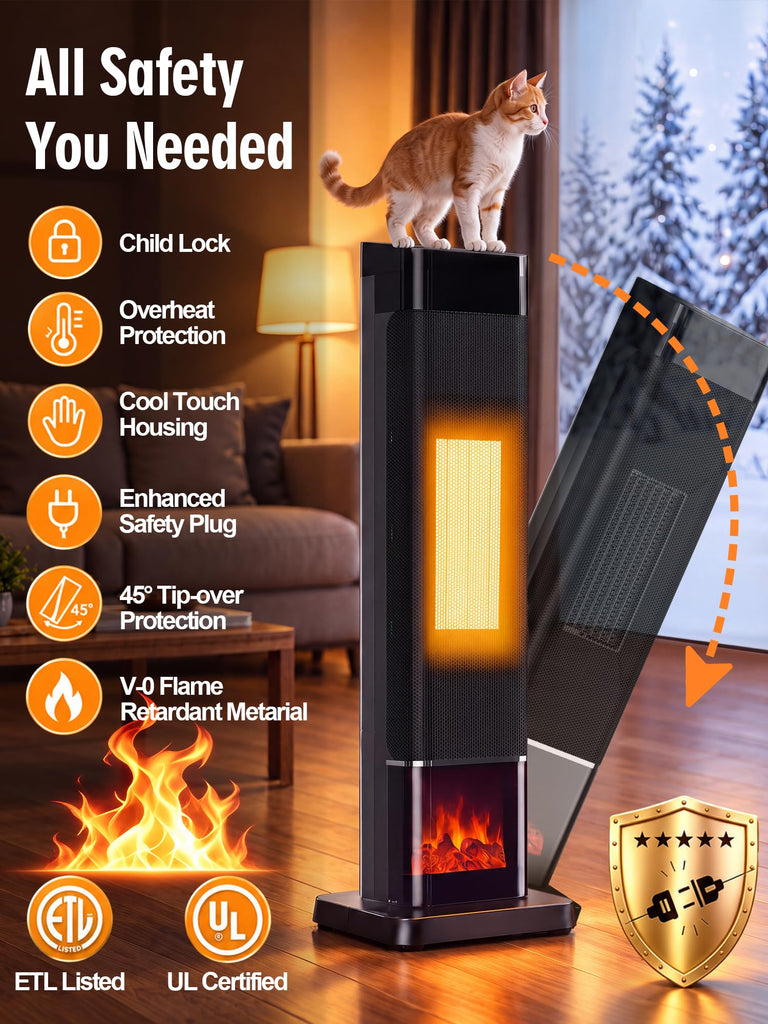 Space Heaters for Indoor Use, 1500W Electric Tower Heater for Large Room with Thermostat, 120° Oscillation&Child