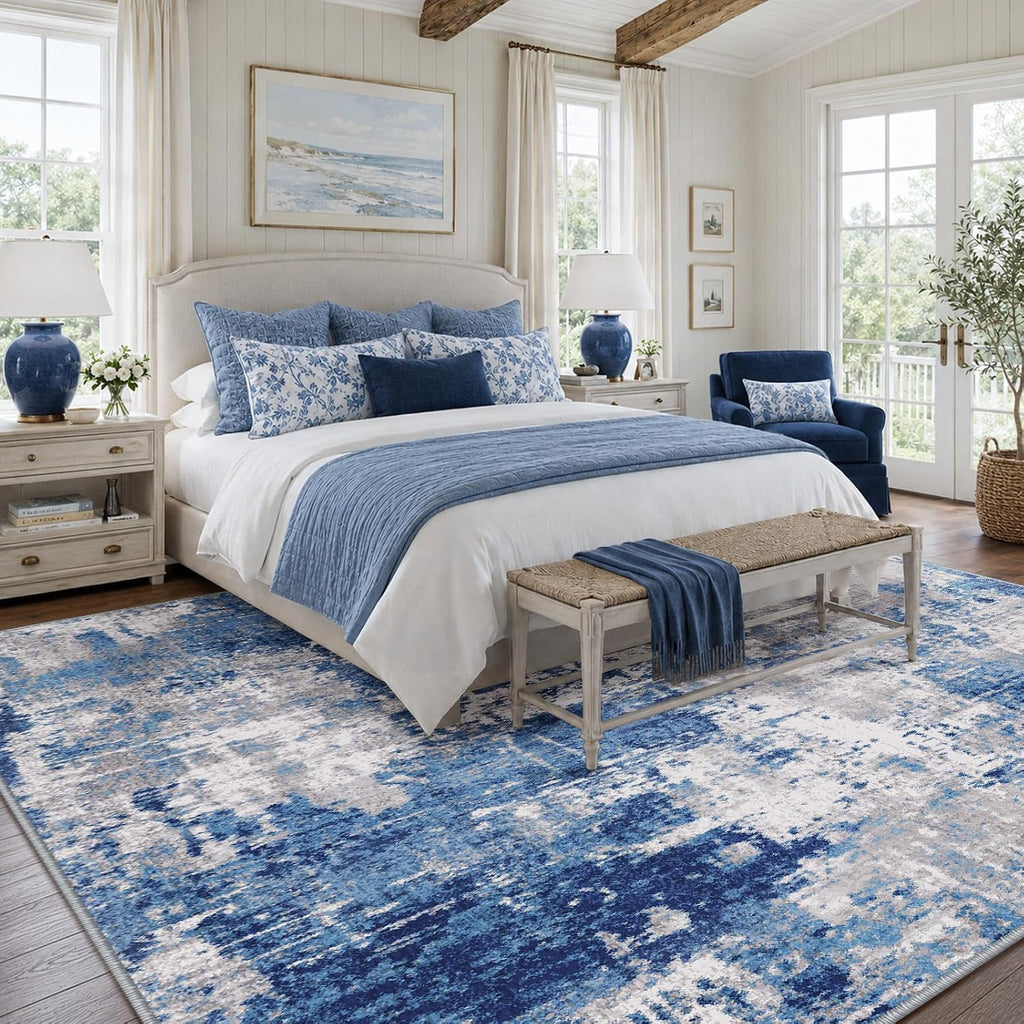 Washable 5'x7' Abstract Area Rug Blue Gray
