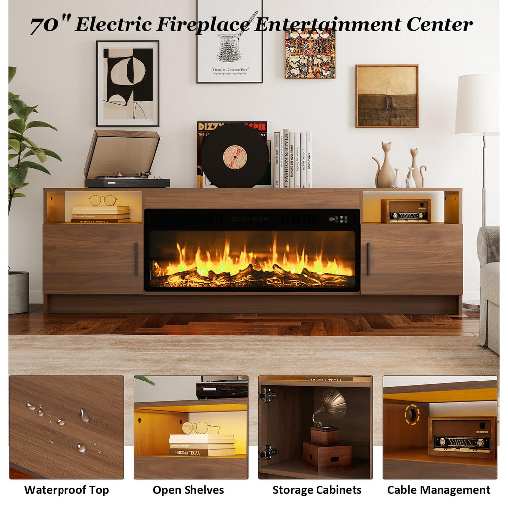 70 inch TV Stand with 36" Electric Fireplace, LED Light Entertainment Center, TV Console with Storage, High Glossy