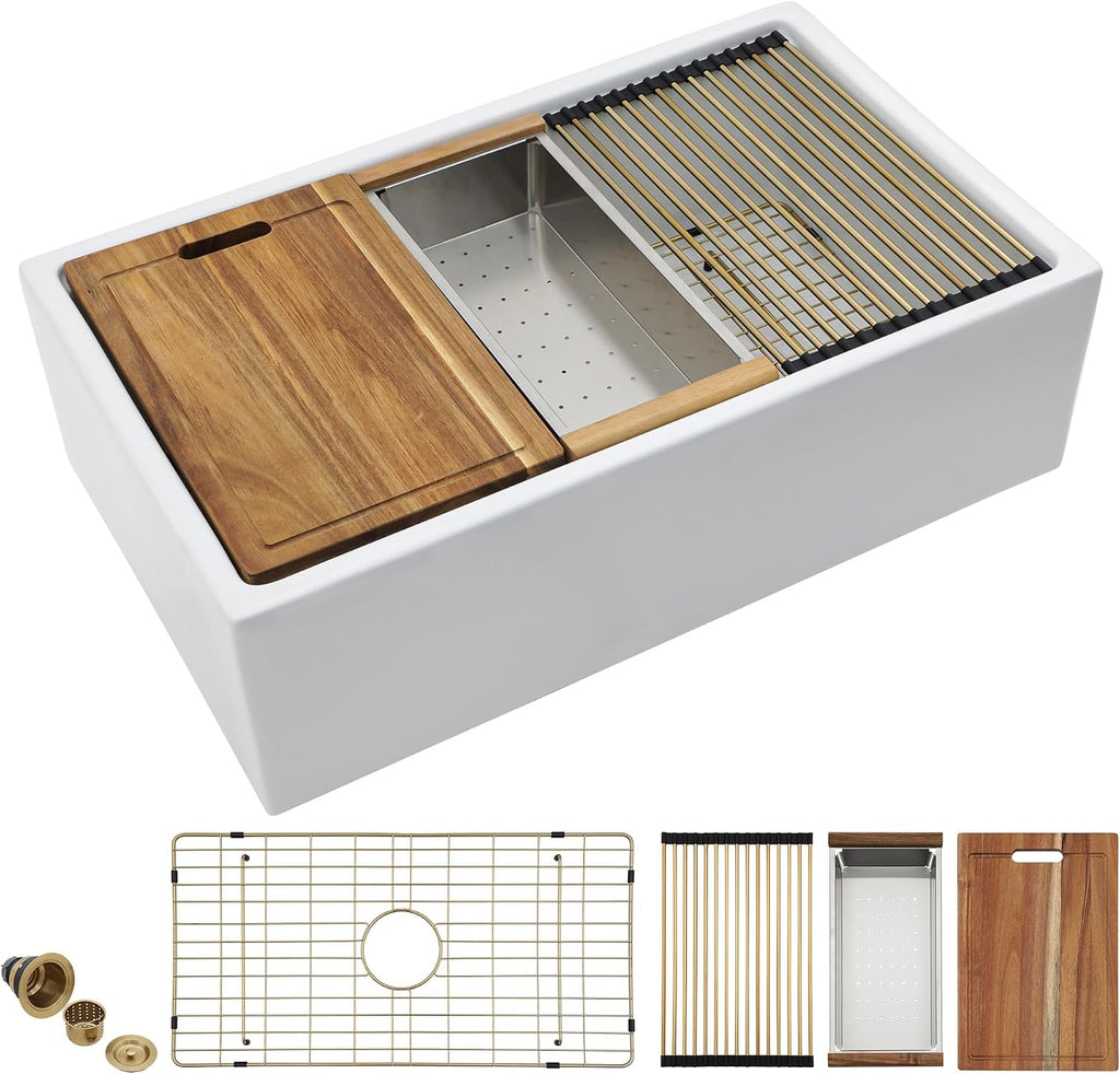 30 White Farm Sink Workstation - 30 Inch Farmhouse Kitchen Sink Workstation with Slide Ledge Apron Front Reversible