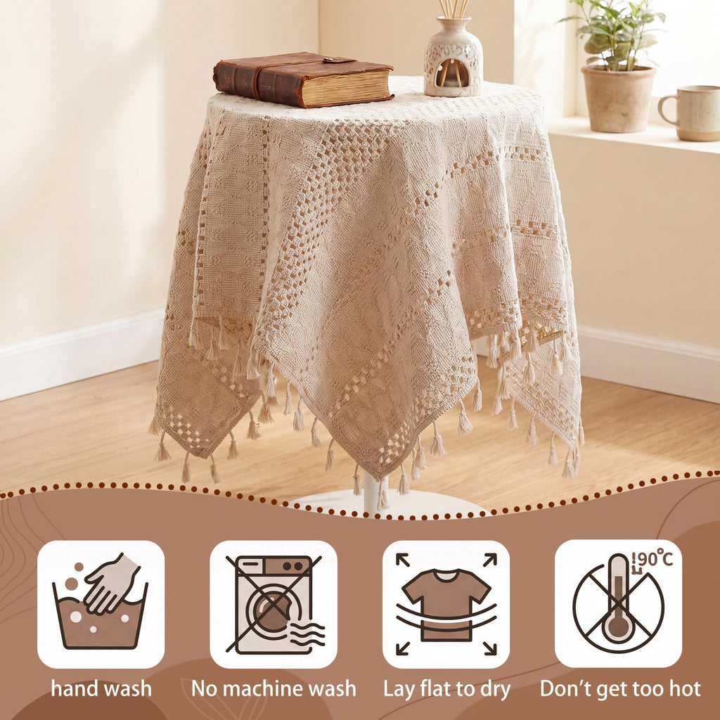 Boho Cotton Handmade Crochet Lace Tablecloth, Beige Round Table Cover