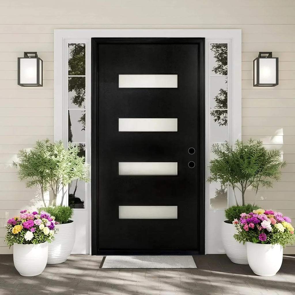 Fiberglass Entry Door Left Hand Inswing, 36 x 80, 4 Lite Frosted Glass 4-9/16 in. Vinyl Frame, Contemporary Style for Home's Front Entrance, Black Finished Knock-Down Entry Door