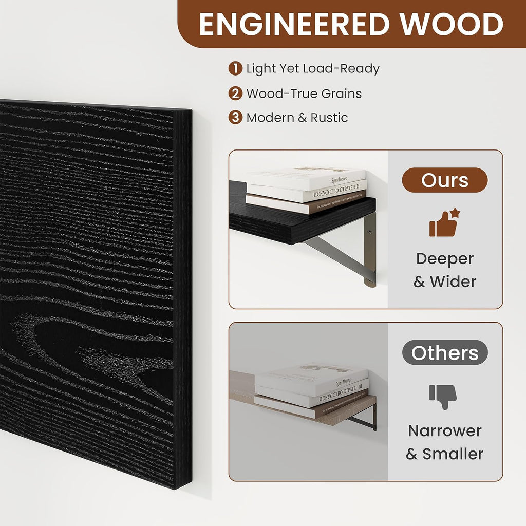 Deep Wall Shelves 24"W x 8"D Engineered Wood Floating Shelves for Wall, Sturdy Metal Bracket Bookshelves Home Decor