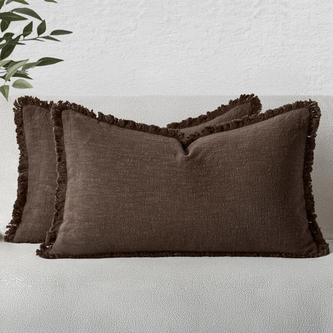 Decorative Lumbar Throw Pillow Covers Neutral Linen Fringe Throw Pillows Set of 2 Reddish Brown Boho Farmhouse