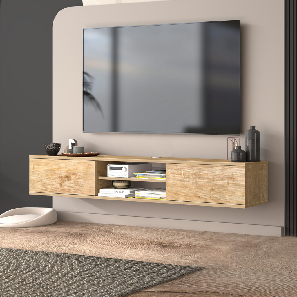 Oak Floating TV Stand Under TV Shelf, Wall Mounted Shelf, Modern Floating Entertainment Center, 71" Large Storage