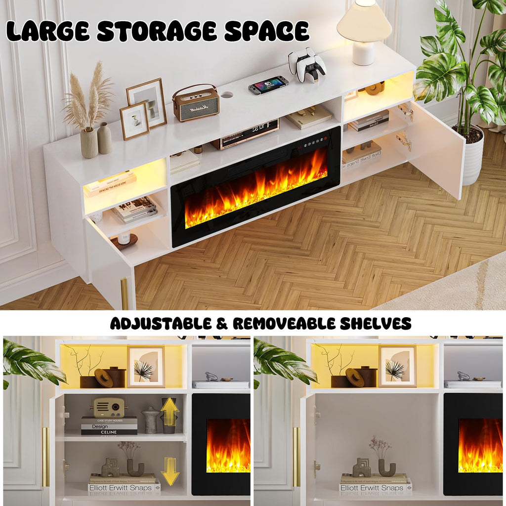 70" Floating TV Stand with 36" Electric Fireplace, Wall Mounted Fireplace LED Light Entertainment Center with Open