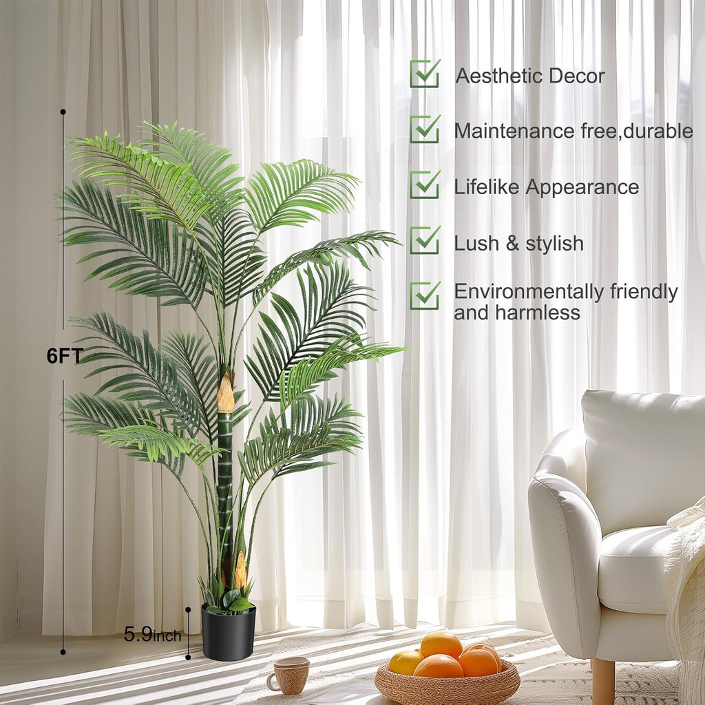 Artificial Palm Tree,6 ft Golden Cane Palm Artificial Tree UV Resistant Fake Plant in Pot Living Room Decor Indoor