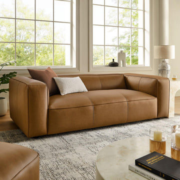 Auren Vegan Leather Sofa in Camel - Faux Leather 3 Seater Couch - 88 Inch Comfy Modern PU Leather Sofa - Oversized