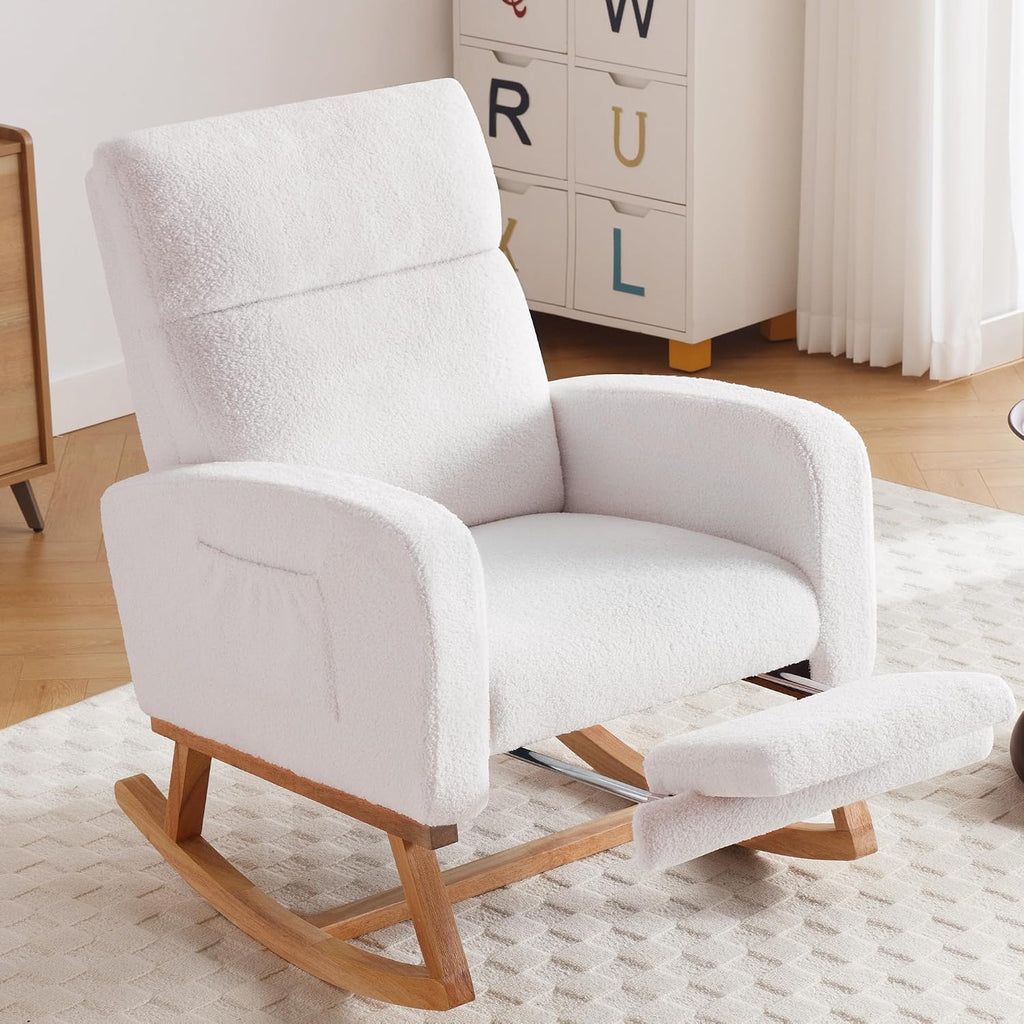 Rocking Chair Nursery with Foot Rest, Nursing Rocking Chairs for Mom Nursery, Teddy Rocker Glider with High Backrest
