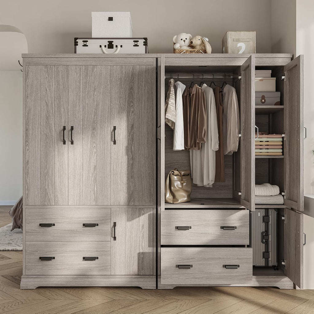 Wardrobe Closet, 70" Tall 4 Doors Large Wooden Closet with 2 Drawers, 3 Shelves Bedroom Armoire with Hanging Rod