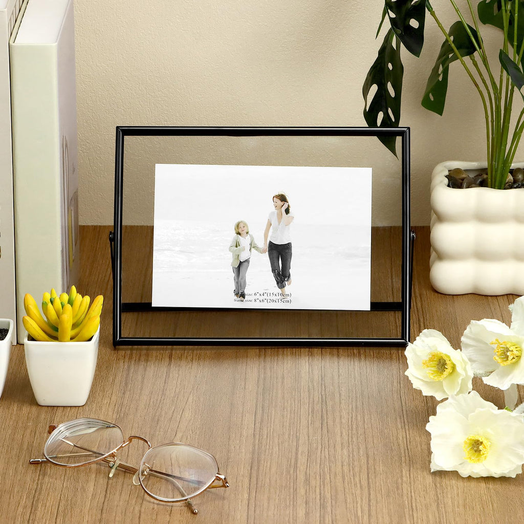 6x8 Inch Black Floating Picture Frame Horizontal, Fits 5x7 4x6 3x5 Photos, Glass Double Panel Metal Frame for