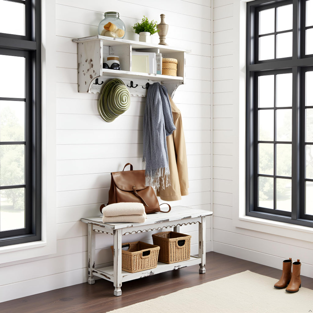 Country Cottage 36" Entryway Coat Rack and Bench Set - Wall Mounted Coat Hanger with 3 Cubbies, 4 Double Hooks &