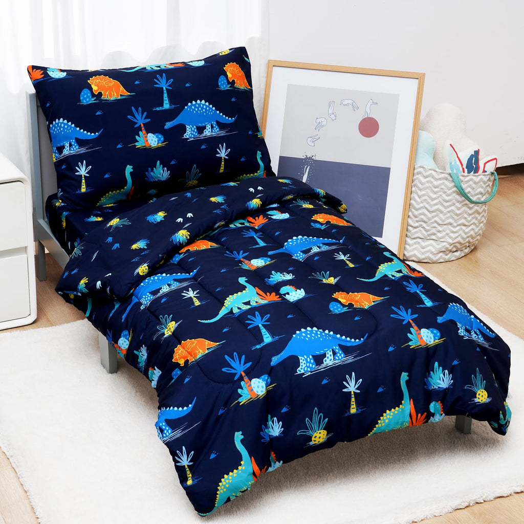 4 Piece Toddler Bedding Set - Soft Breathable Toddler Bedding Set for Boys Girls, Includes Quilted Comforter, Flat
