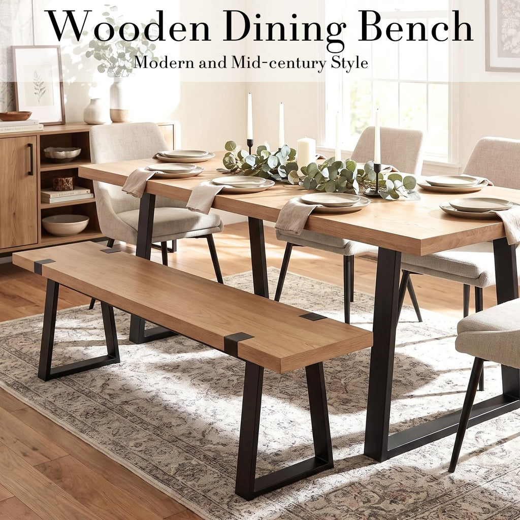 Wooden Dining Bench 60" Industrial Table Benches, Seating Chair Rustic Indoor Benches, Mid Century Kitchen Bench with