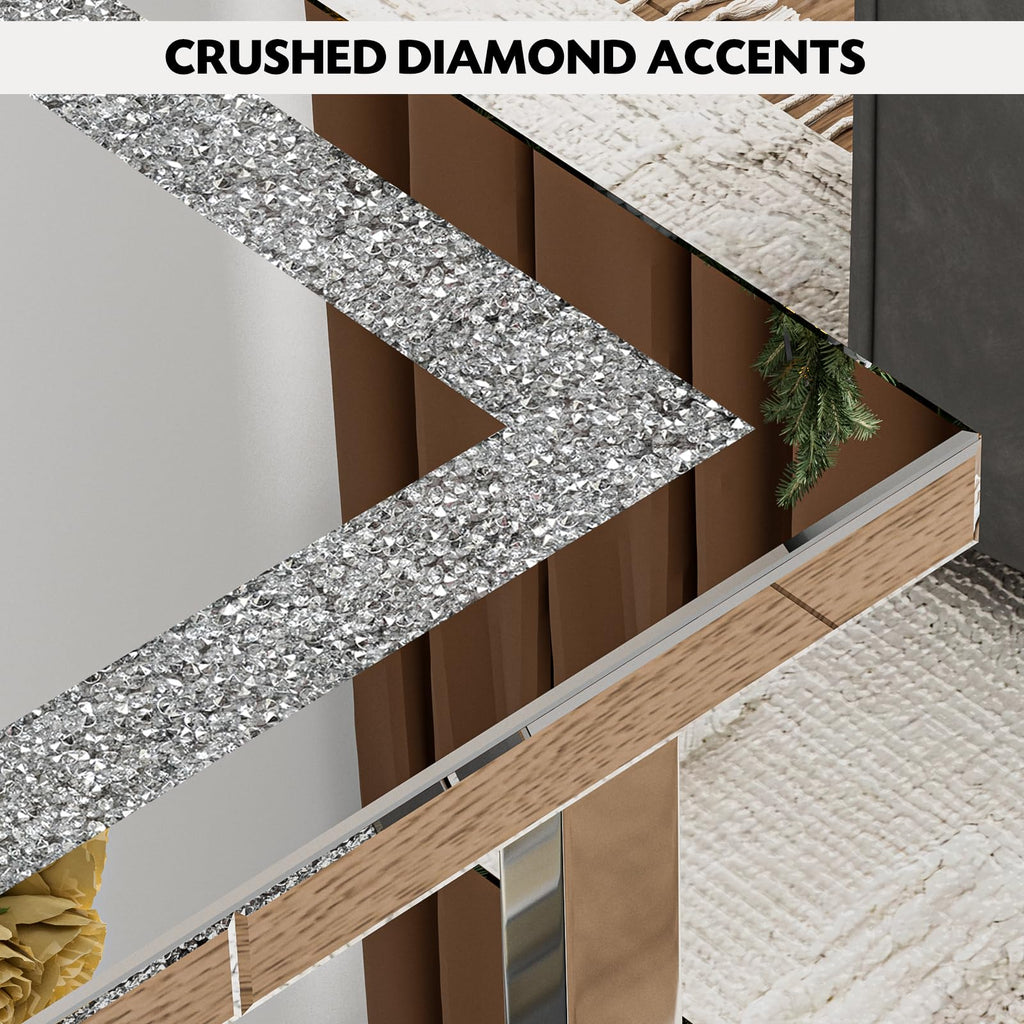 Mirrored Coffee Table with 2 Tiers, 2 in 1 Rectangle Coffee Table with Crushed Diamond, Silver Living Room Table with