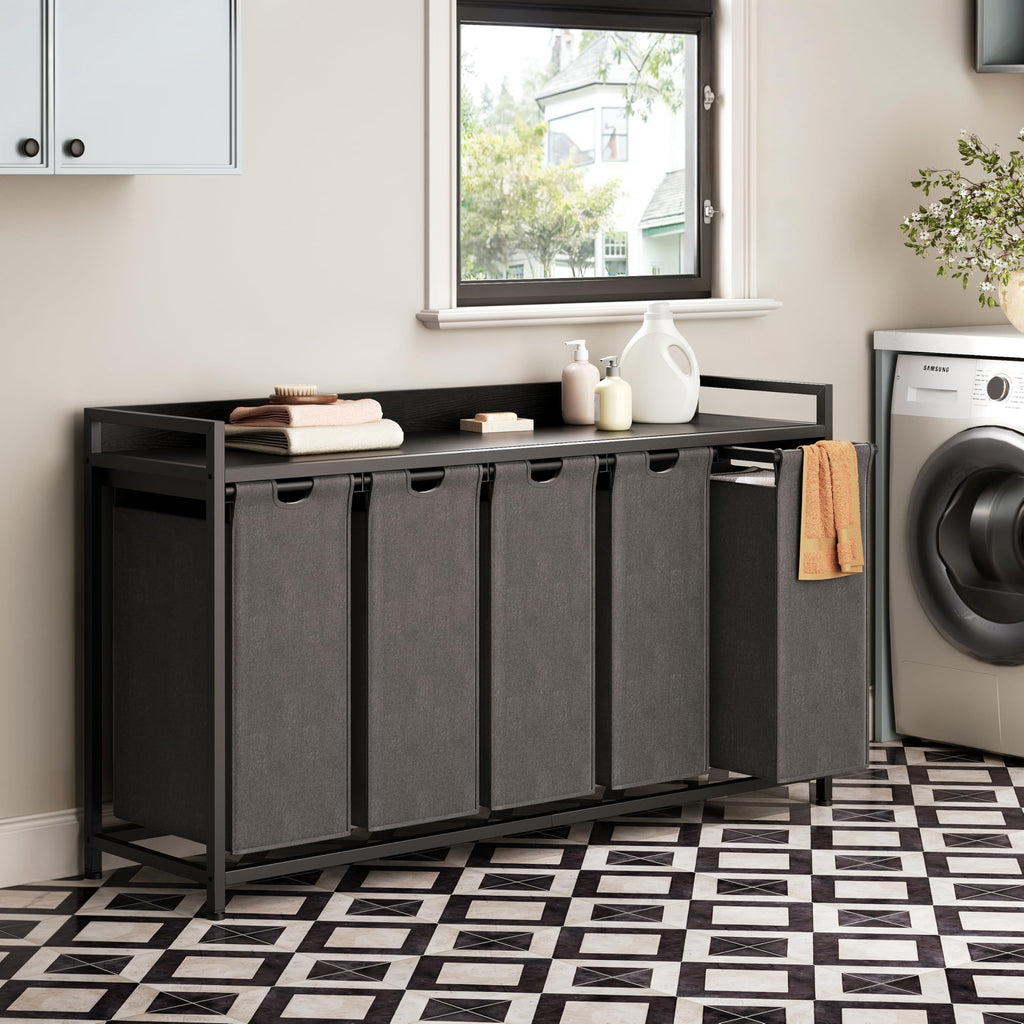 Laundry Hamper with Shelf, Laundry Basket 5 Section, Laundry Sorter with Pull-Out Removable Large Bags and Movable