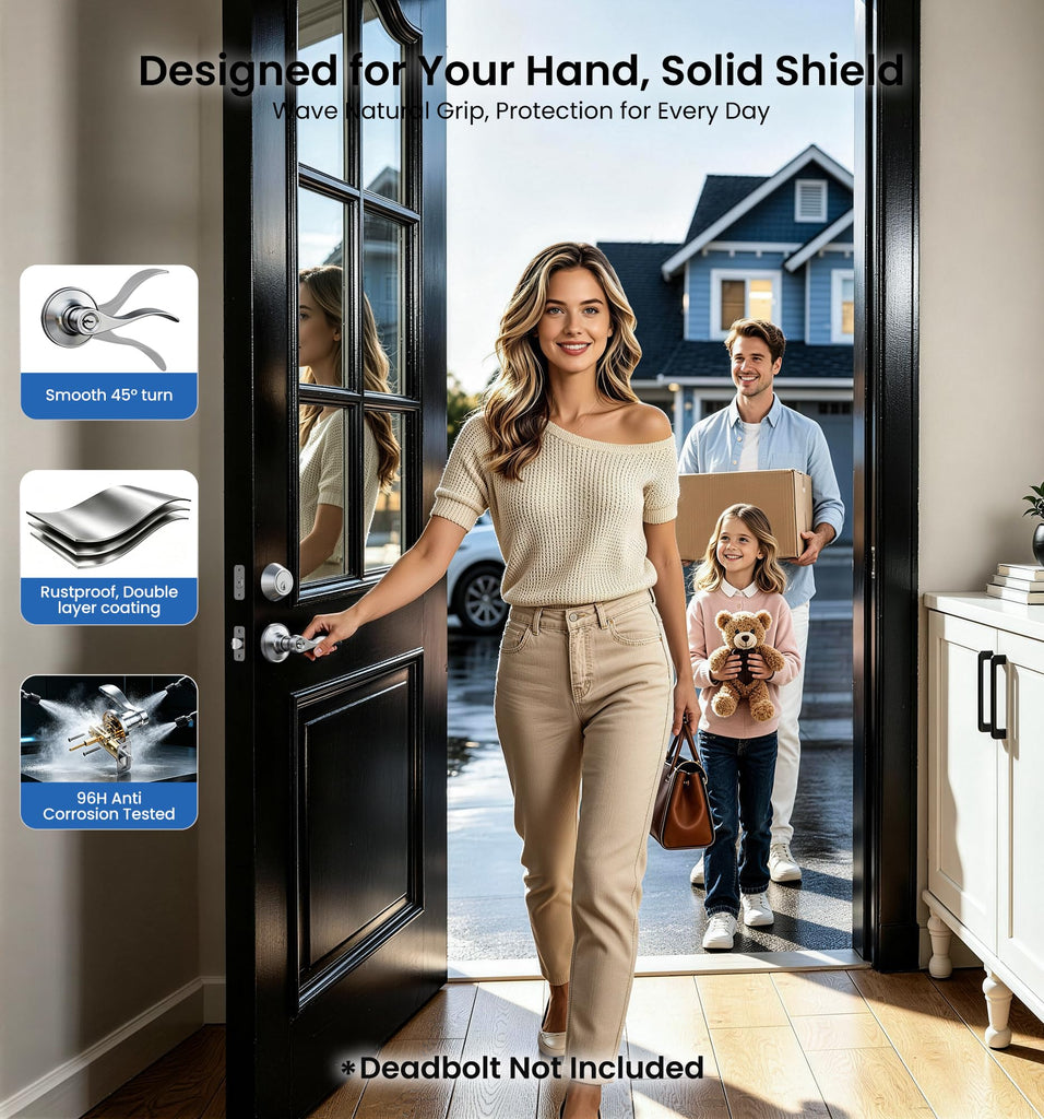 Keyed Entry Door Handle with Lock, Wave Door Levers, Satin Nickel