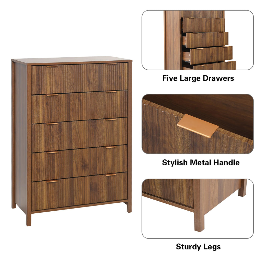 5 Drawer Dressers, Modern Closet Chest of Drawers with Waveform Fluted Panel, Large Wood Storage Dresser Organizer