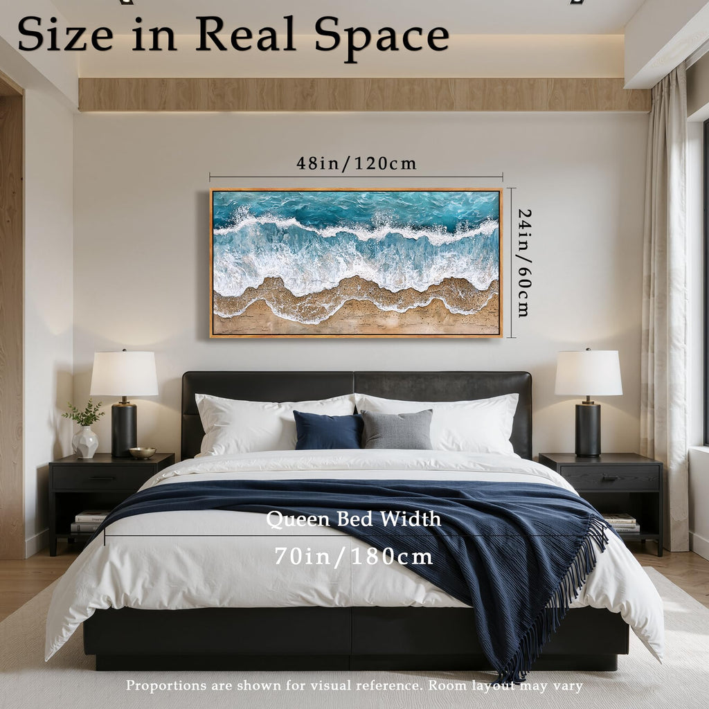 Coastal Wall Decor, Framed Abstract Ocean Wave Wall Art 24x48in