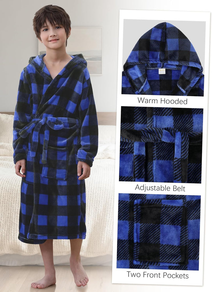 Boys Fleece Robe, Kids Hooded Soft Fuzzy Robes Bathrobe Toddler Flannel Pajamas Sleepwear Spa Plush Robe for Boys