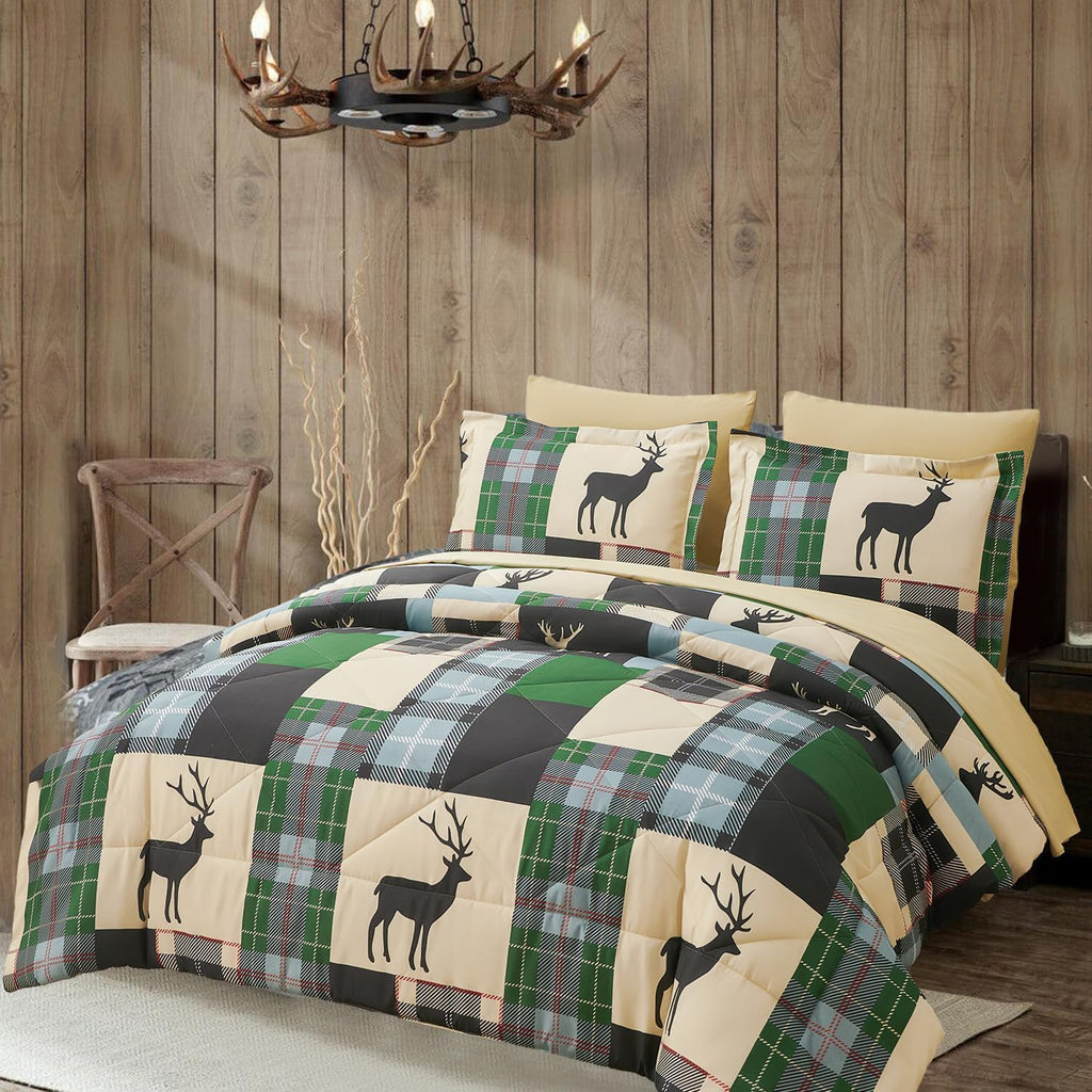 7 Piece Comforter Set, Lodge Moose Rustic Cabin Bed in a Bag, Soft and Breathable Bedding, Green Moose