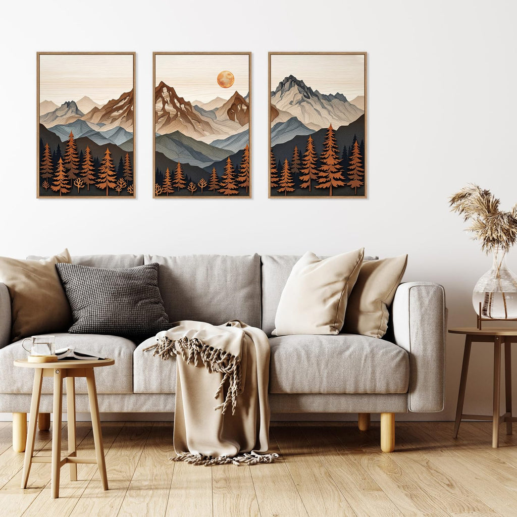 Large Boho Mountain Framed Canvas Wall Art Set, Woodcut Style Mountain Wall Decor, Vintage Forest Pine tree Art