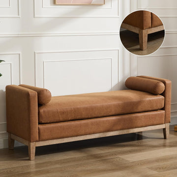 65.55" W End of Bed Bench, King Size Upholstered Bench with Pillows /Entryway/Living Room, Leather, Brown