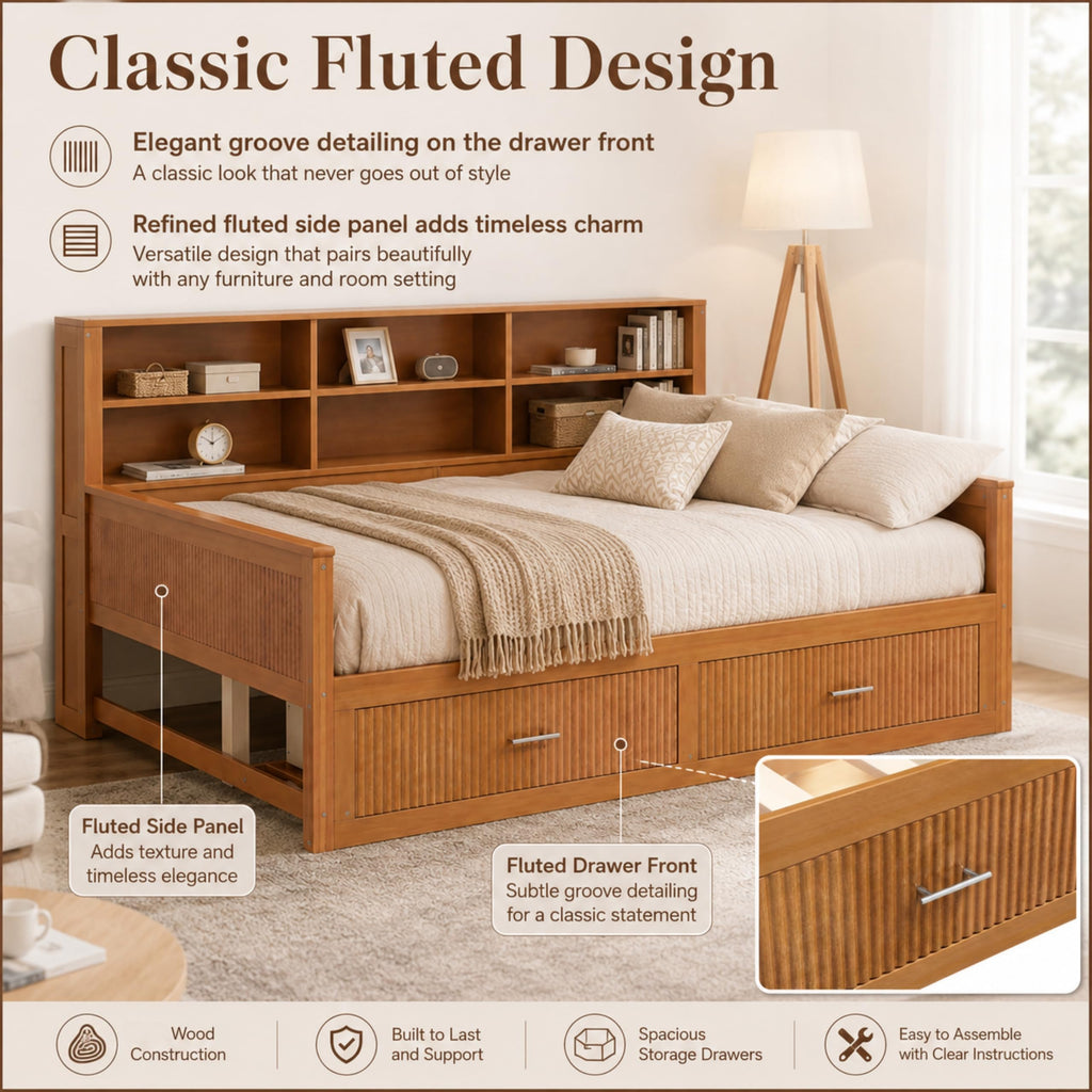 Twin Size Daybed with Storage Shelves Bookcase and Drawers, Walnut