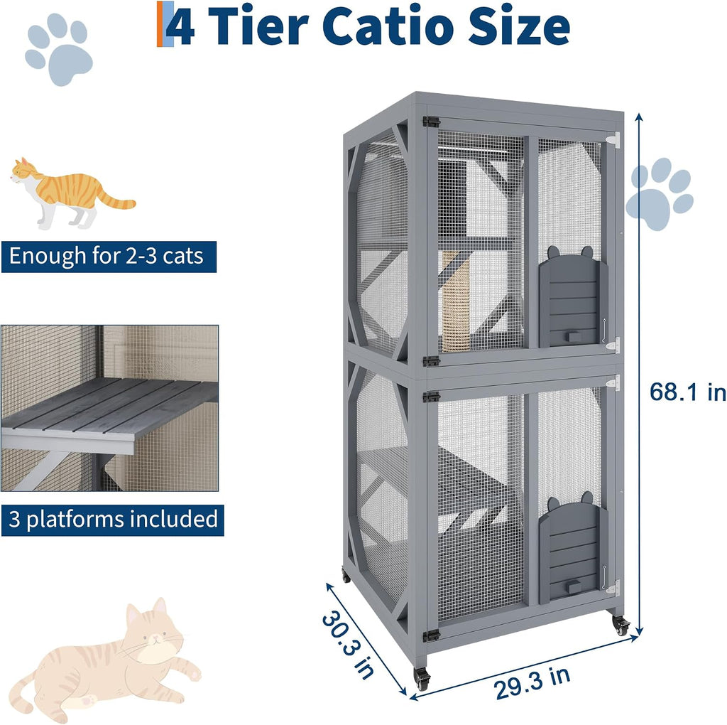 68 Inch Tall Catio, Large Outdoor Cat Enclosure with 4 Tier Design & Wheels
