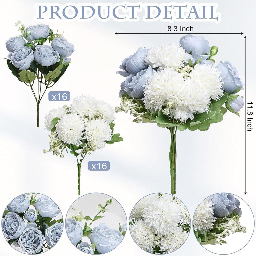 Bundles Peonies Artificial Flowers Bulk, Dusty Blue & White - Set of 32