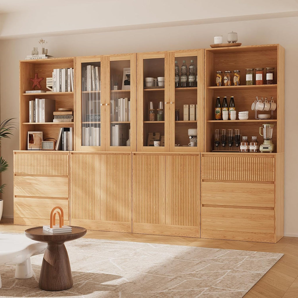 Tall Bookcase with Glass Doors and Drawers,71'' Wooden Bookshelf with Storage,Display Cabinet ,Set of 2 (A+B)