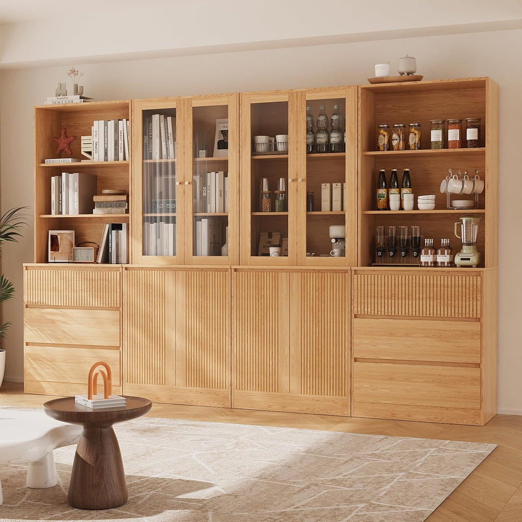 Tall Bookcase with Glass Doors and Drawers,71'' Wooden Bookshelf with Storage,Display Cabinet ,Set of 4 (Baab)