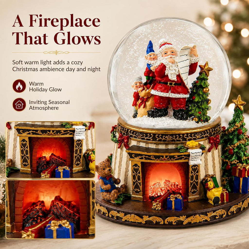 Christmas Snow Globe with Music, Santa Claus Musical Snow Globe with Automatic Snowfall, Lighted Fireplace & 8