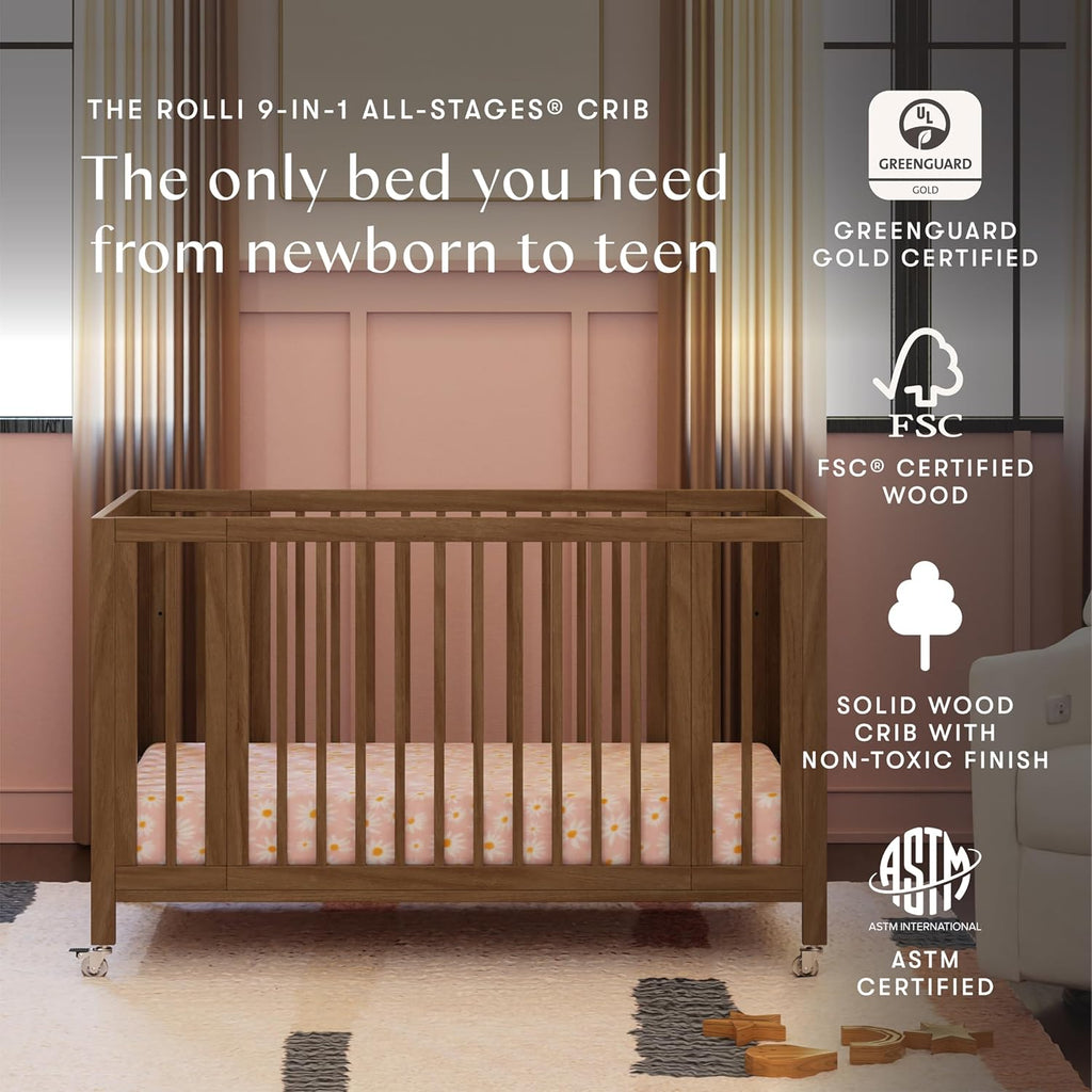 Rolli 9-in-1 Convertible All-Stages Bassinet to Full-Size Crib in Natural Walnut, Greenguard Gold Certified, Portable