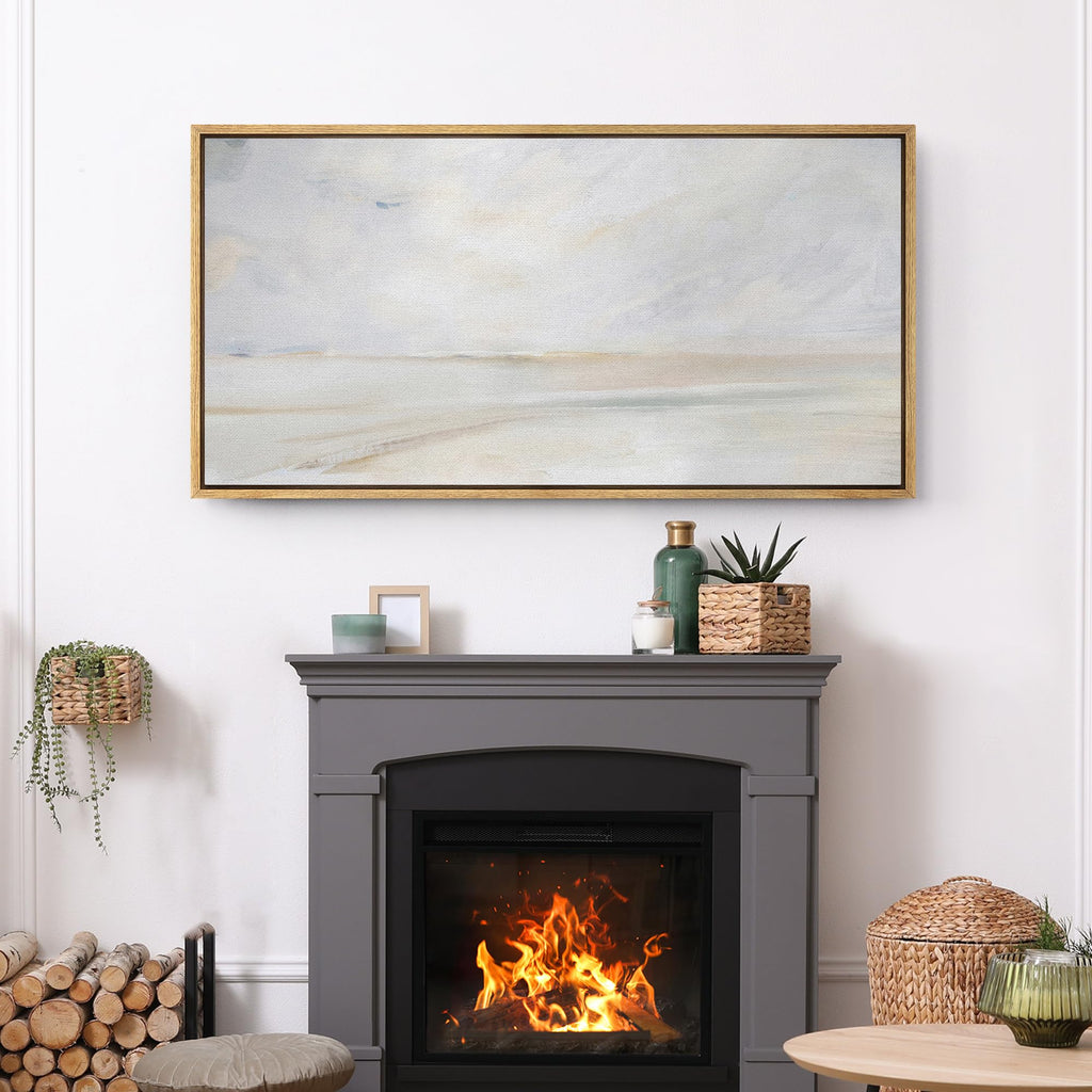 Extra Large Framed Canvas Print Wall Art Tranquil Beach Coastal Landscape Illustrations Modern Art Calm Warm - 60"x30"
