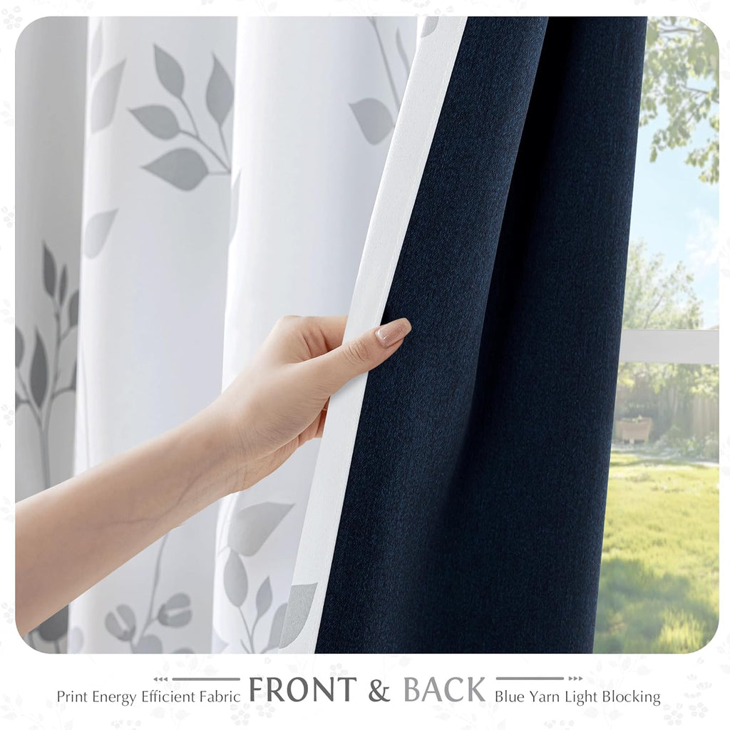 Floral 100% Blackout Curtains 84 Inches Long 2 Panels for Bedroom Living Room Grey White Flower Patterned Room