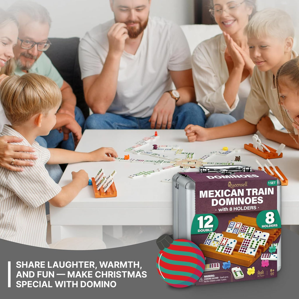 Mexican Train Dominoes Set with 8 Holders - Wooden Hub and Tiles Holders - Double 12 Tiles with Dots (D12 + 8 Holders)