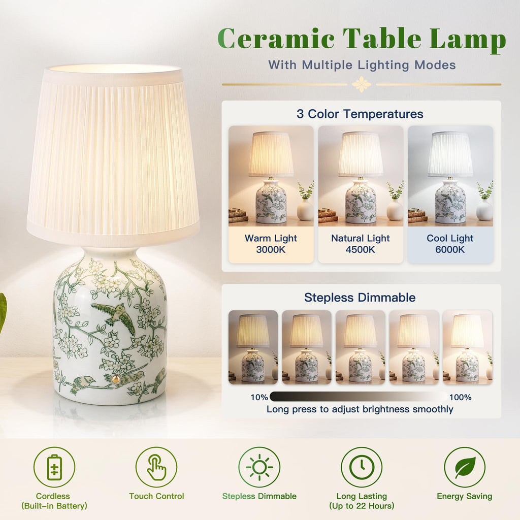 Rechargeable Cordless Small Ceramic Table Lamps Set of 2, Green