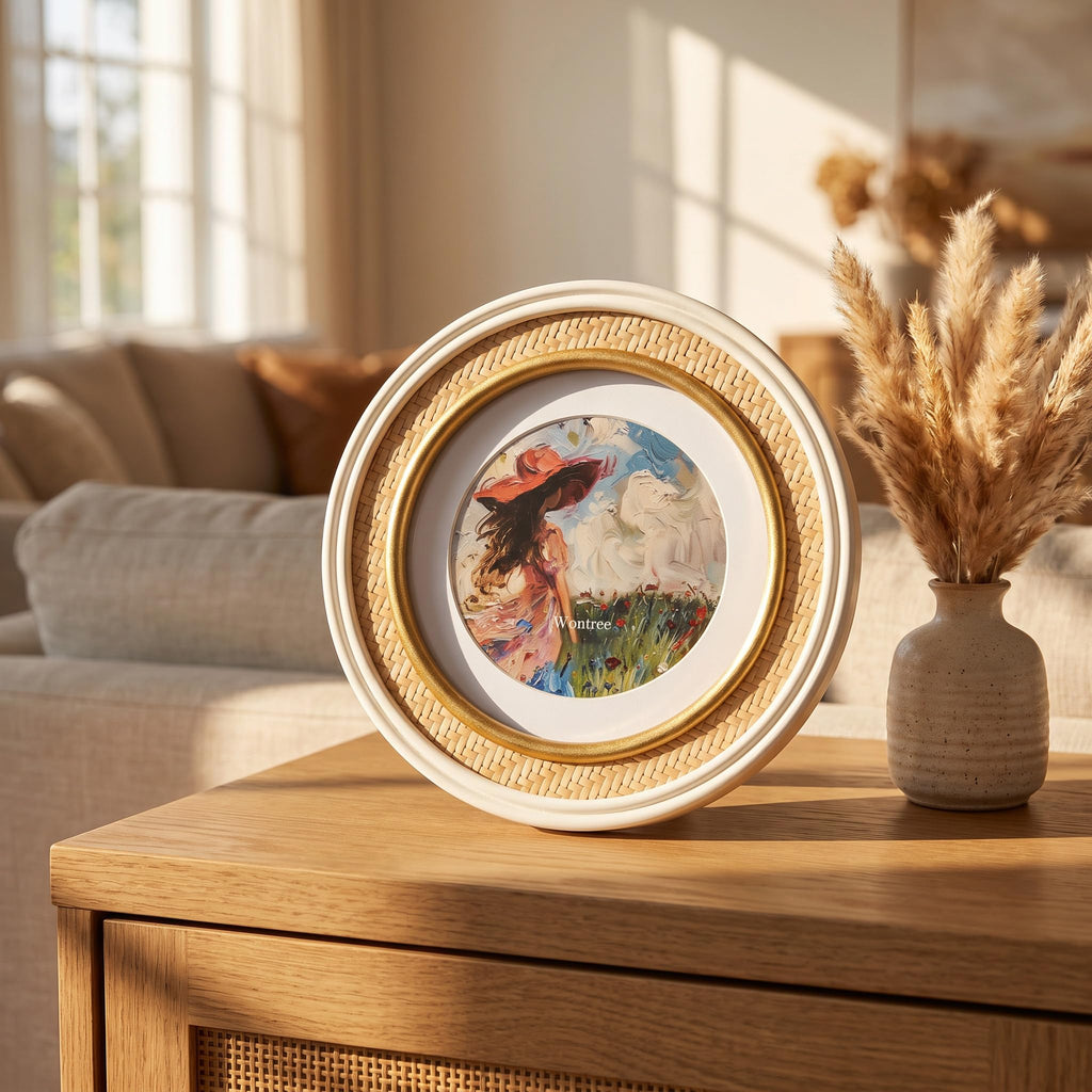 6x6 Round Rattan Picture Frame, Solid Wood with Real Glass, Display 6x6 Photos Matted to 4x4, Vertical for Tabletop