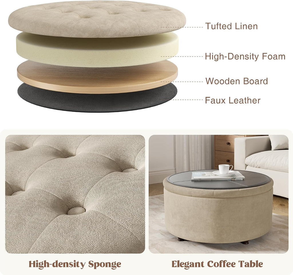 30 Inch Round Storage Ottoman,Modern Tufted Ottomans,Circular Coffee Table with Removable Top,Upholstered Large