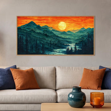 Boho Mountain Sunset Landscape Framed Canvas Wall Art-40"x20"x1